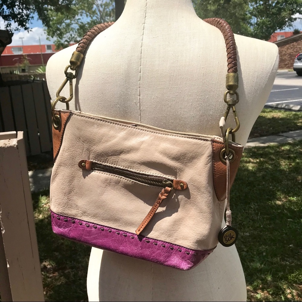 The Sak Beige and Fuschia Leather Shoulder Handbag